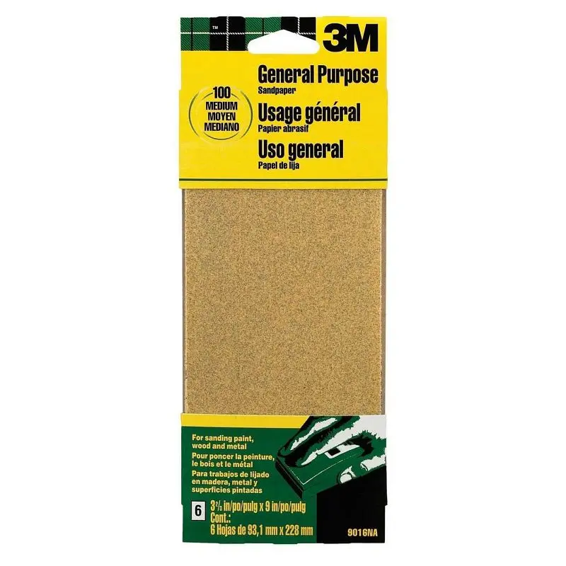 3M Aluminum Oxide Sandpaper 9016NA, 3-2/3 x 9 , Medium grit, 6 per pack, 10 packs per case, 7010293044