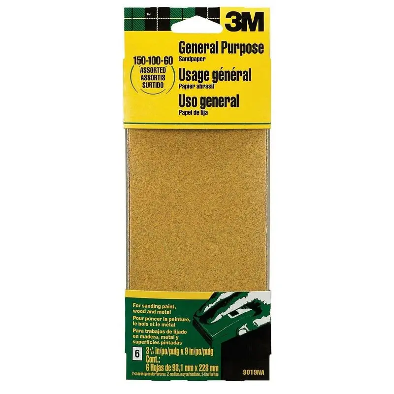 3M Aluminum Oxide Sandpaper 9019NA, 3-2/3 x 9 , Assorted grit, 6 Sheet per pack, 10 packs per case, 7010341429