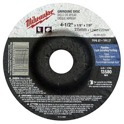Milwaukee UV-Resistant 4-1/2" x 1/4" x 7/8" Grinding Wheel (Type 27), 49-94-4580