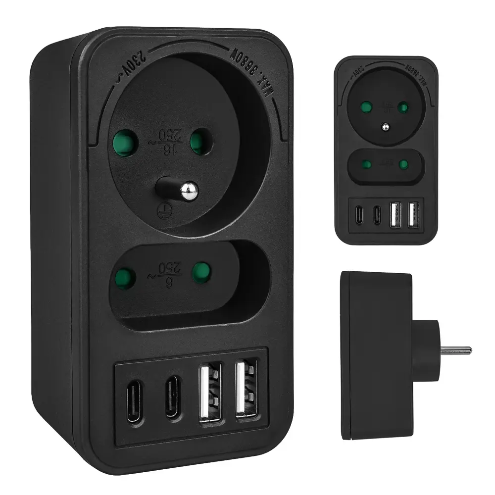 Maclean current socket x2 + 4xUSB, splitter 2 sockets, 2xUSB , 2xUSB C PD 20W, 1x16A + 1x6A, MCE249 F/B
