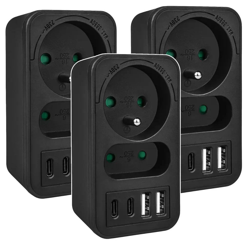 Maclean current socket x2 + 4xUSB, splitter 2 sockets, 2xUSB , 2xUSB C PD 20W, 1x16A + 1x6A, MCE249 F/B, 3 pieces - 10ft E...