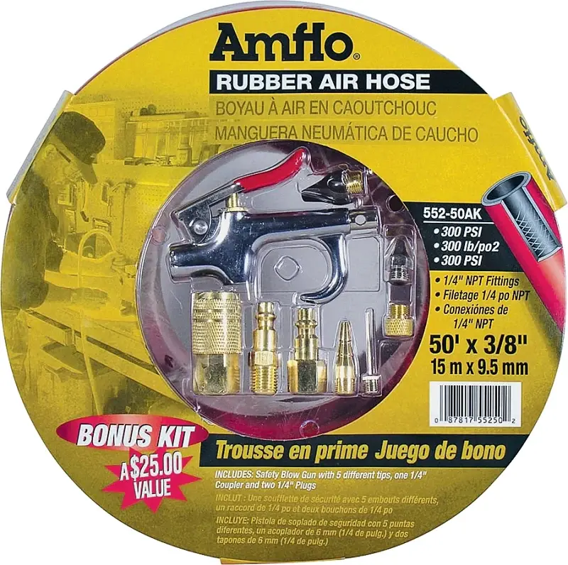 Amflo 552-50AK-5 Air Hose Kit, 3/8 OD, 50 ft L, MNPT, 300 psi Pressure, Rubber, Ruby
