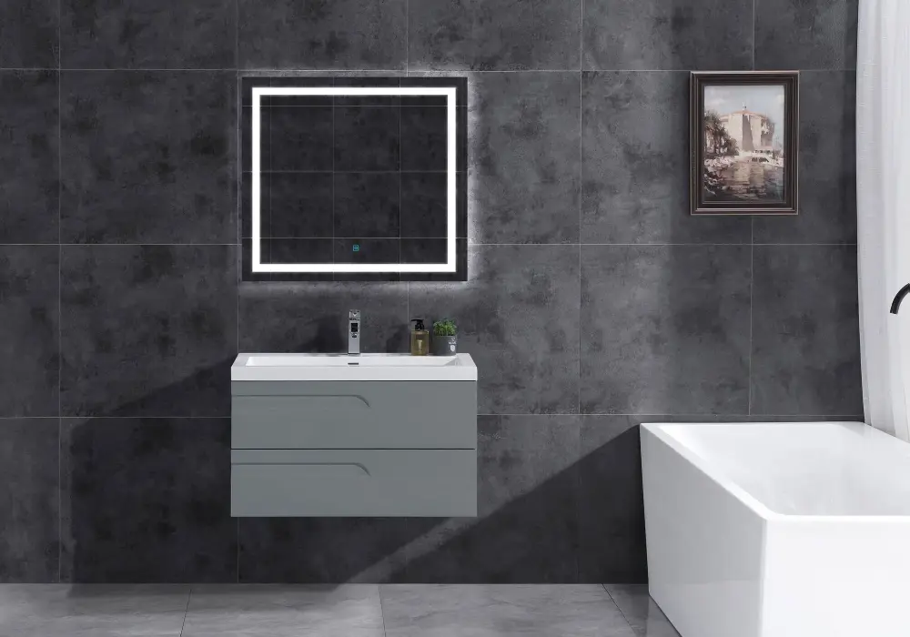 36" Wall Mount Single Sink Bathroom Vanity Gray Gloss Square Counter Top LV7W-36G