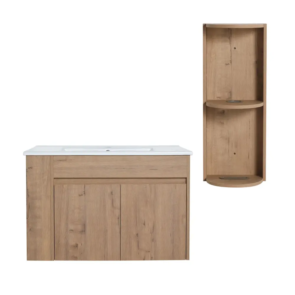 Modern Wall Mounted Bathroom Vanity Sink And Storage Rack Soft Close Doors Plywood - Imitative Oak