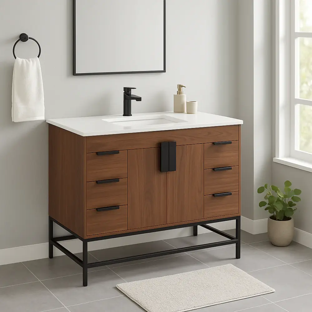 48 . Single Sink Vanity Walnut Snow Marble Top