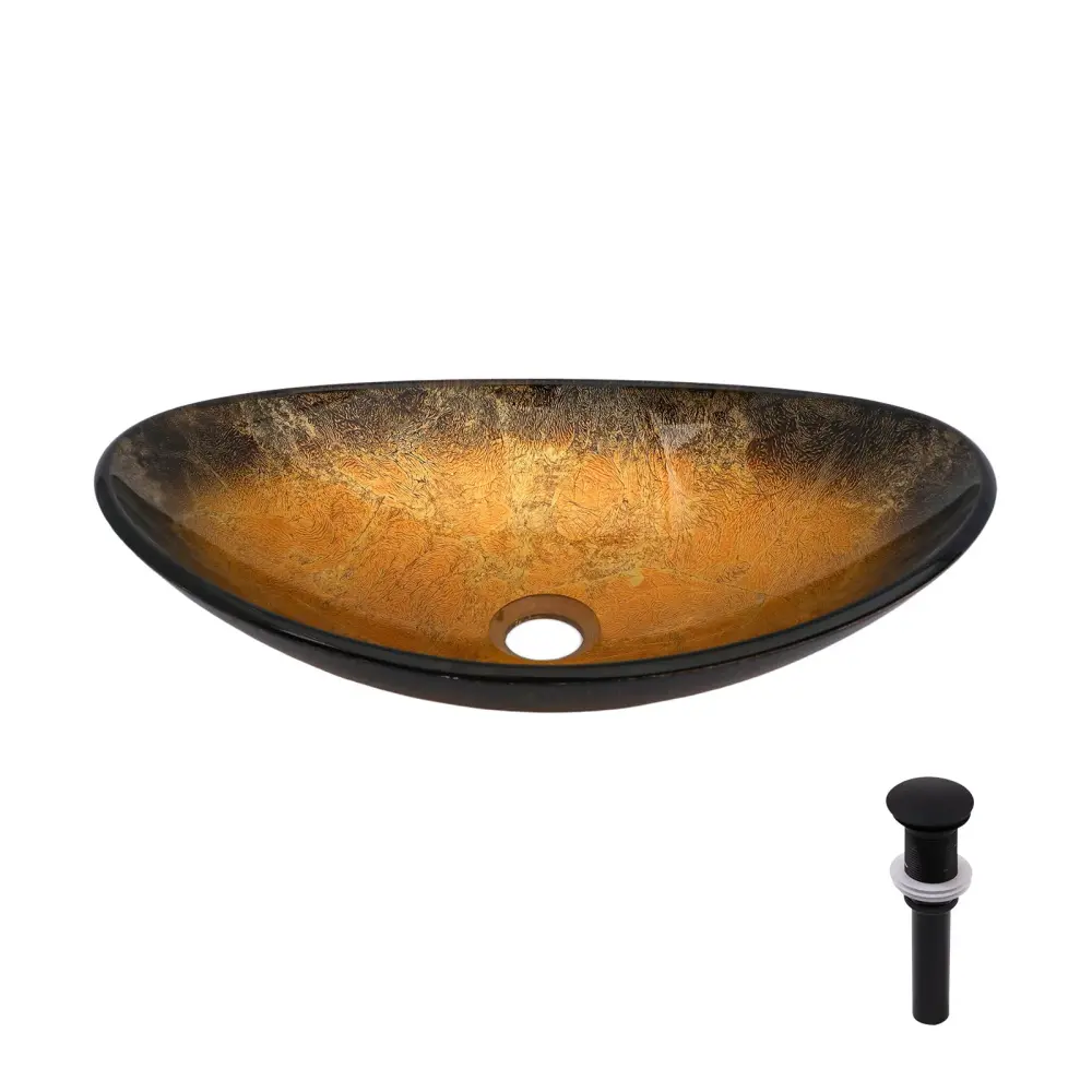 Veined Vessel Sink Pop Up Drain, Boat Shape Bathroom Sink Above Counter - Golden