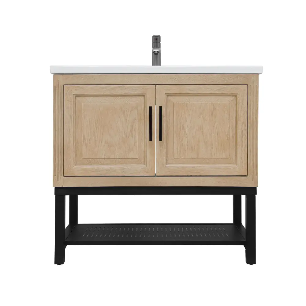 Modern Freestanding Bathroom Vanity Ceramic Sink, Hot And Frosty Faucet, Storage Cabinet & Open Shelf