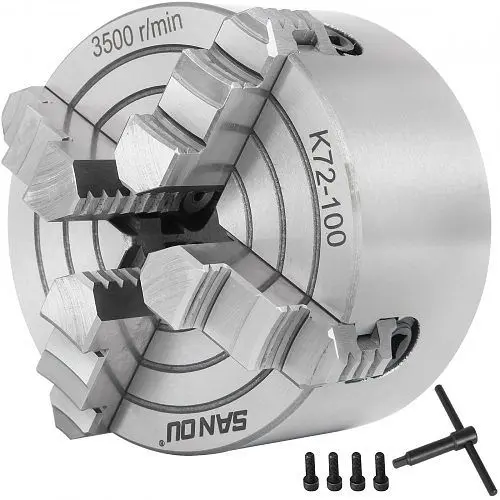VEVOR Quick-Connect 100mm (4") 4-Jaw Metal Lathe Chuck Independent Jaws + Key Handle, KPK72-10000000001V0