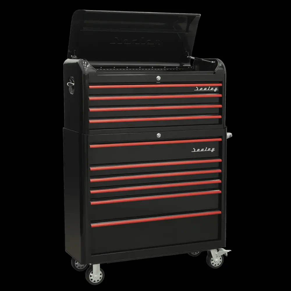 Sealey AP41COMBOBR Retro Style Extra-Wide Topchest & Rollcab Combination 10 Drawer-Black Cherry Anodised Drawer Pull