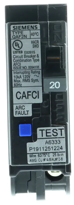 Siemens QA120AFCN Circuit Breaker, AFCI, Combination, Low Voltage, 20 , 1 -Pole, 120 V, Plug Mounting