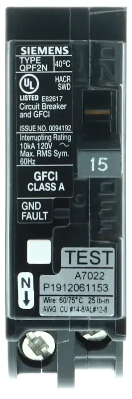 Siemens QF115AN Circuit Breaker, GFCI, Low Voltage, 15 , 1 -Pole, 120 V, Plug Mounting
