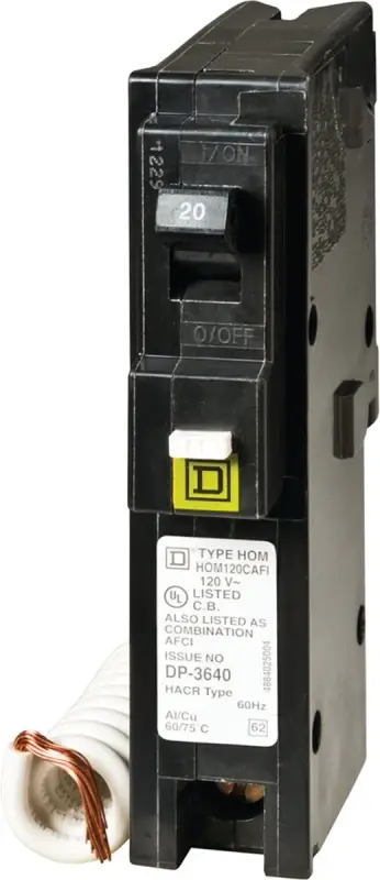 Square D HOM120CAFIC Circuit Breaker, AFCI, Combination, 20 , 1 -Pole, 120 V, Fixed Trip, Plug Mounting