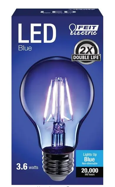 Feit Electric 25-Watt Equivalent A19 Medium E26 Base Dimmable Filament Blue Colored LED Clear Glass Portable Bulb DAMAGED BOX