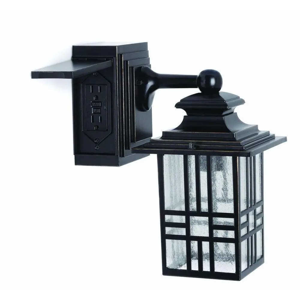 Mission Style Black Warm finish Highlight Outdoor Wall Lantern Built- Electrical Outlet (GFCI) Damaged Box - Mounting Hard...