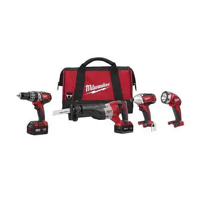 Milwaukee Time-Tested M18 4 Pieces Hammer Drill Sawzall Impact Driver Light, 2696-24