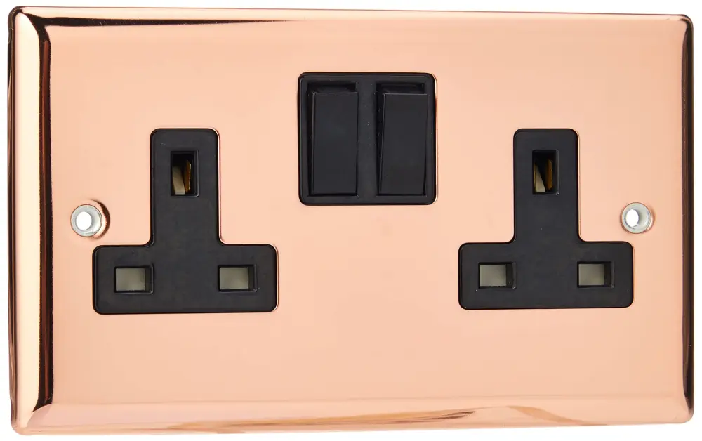Varilight XY5B.CU 2-Gang Switched Socket DP 13 Amp Polished Warm-toned (Black Inserts)