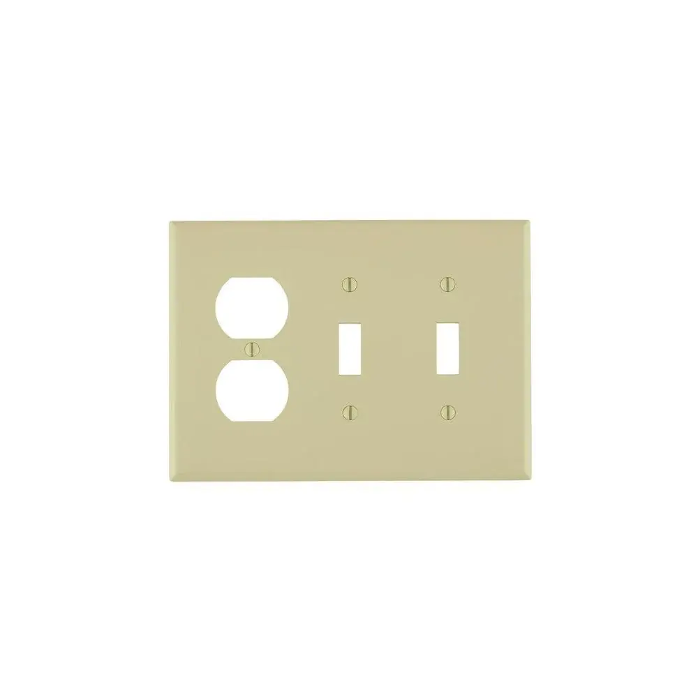 PJ21-I Leviton Wallplate; 3-Gang, Midway Size, Combination Device; 2 Toggle/1 Duplex outlet opening, High Impact thermopla...
