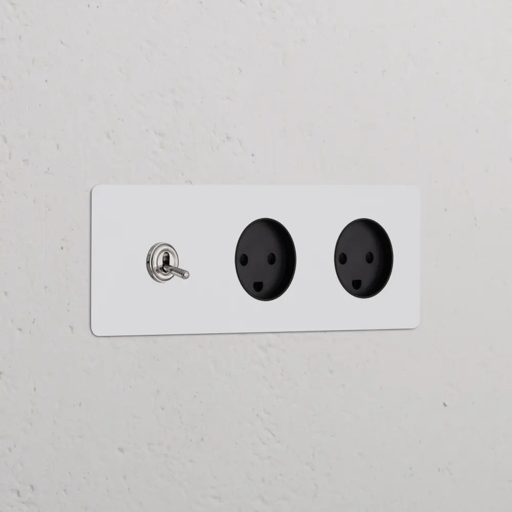 Kew Triple Toggle & 2x Danish Type K Socket - Paintable Shiny Nickel | Black