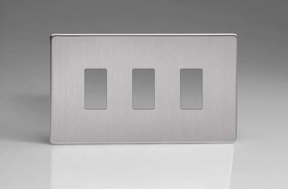 Professional Grade Varilight 3 Gang Screwless PowerGrid Plate Including Yoke (Twin Plate) Brushed Metal