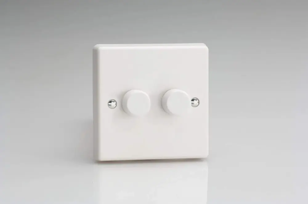 Varilight 2-Gang 1 Way 2x250 Watt Standard Dimmer Switch Classic Pearl Plastic White Knobs HQ2W, 85x85x44mm