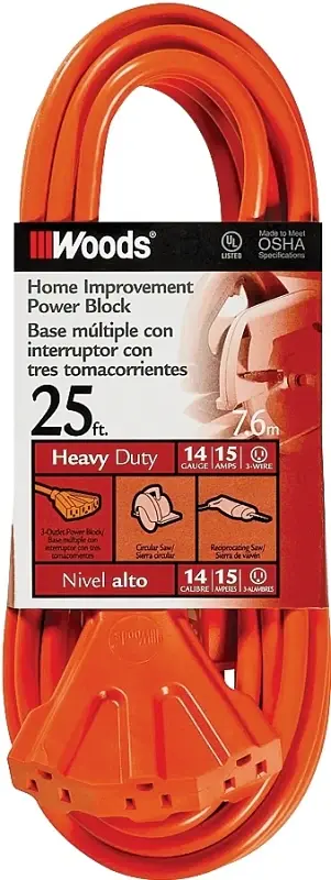 CCI 0825 Extension Cord, 14 AWG Cable, 25 ft L, 15 , 125 V, Apricot
