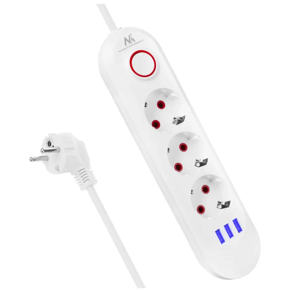 Maclean power strip, 3 socket extension + 3xUSB, 110-240V AC 50/60Hz, 2.1A max 2500W, 1.5m, snow, MCE394 W
