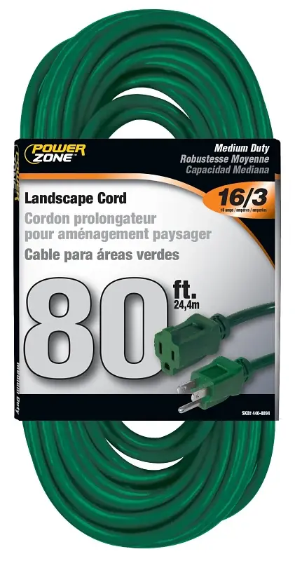 PowerZone OR880633 Extension Cord, 16 AWG Cable, 80 ft L, 125 V, Forest