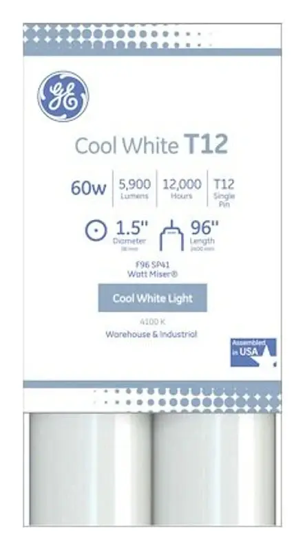 GE 40302 Fluorescent Linear Tube Light Bulb, 60 W, T12 Lamp, Unitary Pin Lamp Base, 5500 Lumens, 4100 K Color Temp