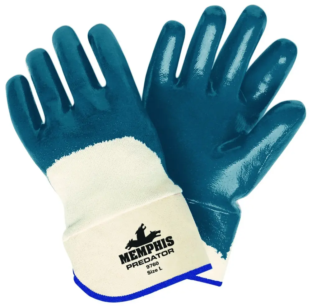 MCR Safety 9760 Predator Supported Nitrile Coated Palm Men's Gloves Safety Cuff, Glossy, Blue/White, Large, 1-Pair