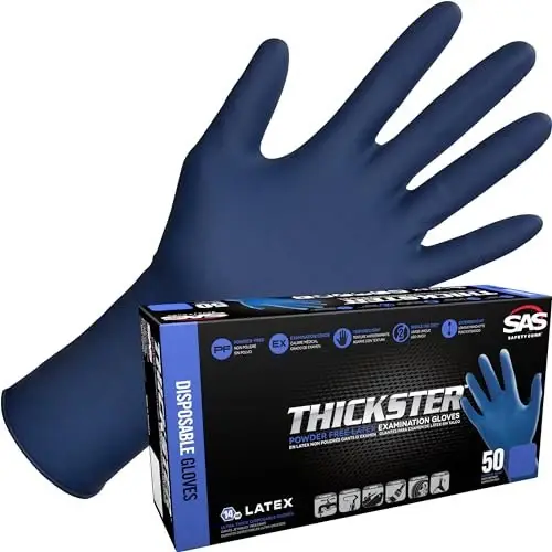 Thickster Powder-Free Exam Grade Latex Disposable Gloves. Blue, 14 mil Thickness, 12" Length. Singular Use. Pack 50.