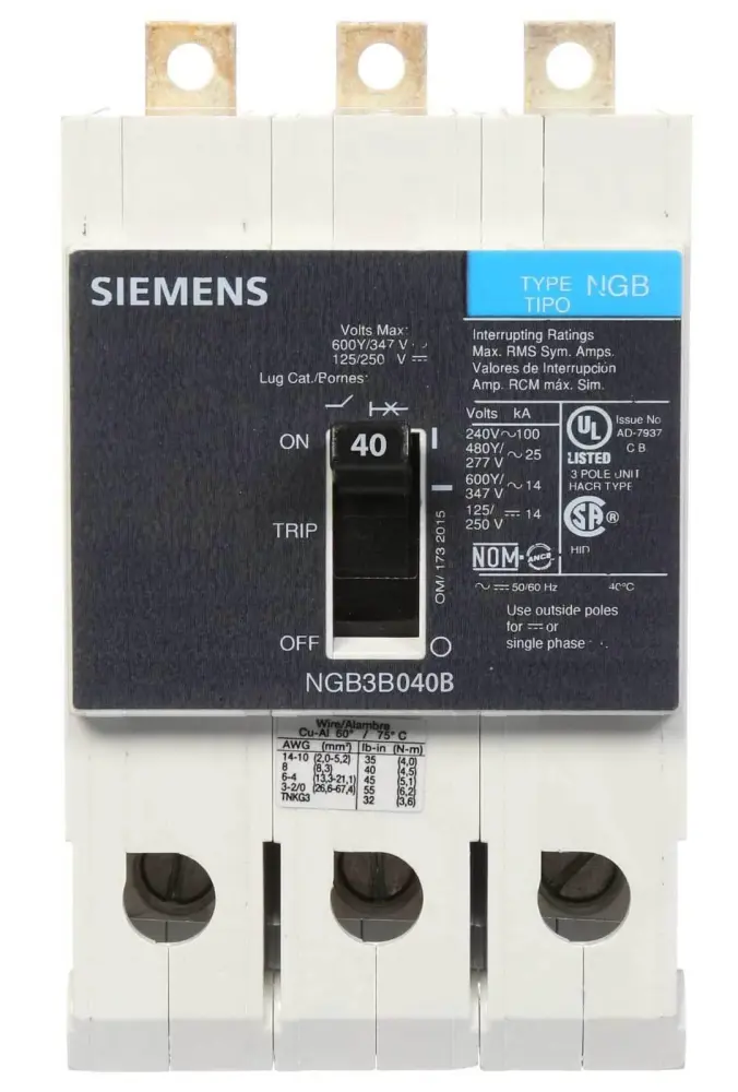 NGB3B040B Siemens Panelboard Install G-Frame Circuit Breaker w/Lugs, 40A 3P 480V