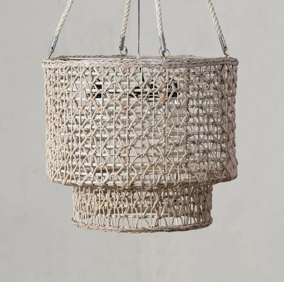 Double Barrel Hand Woven Natural Rope Chandelier, Ivory Wash