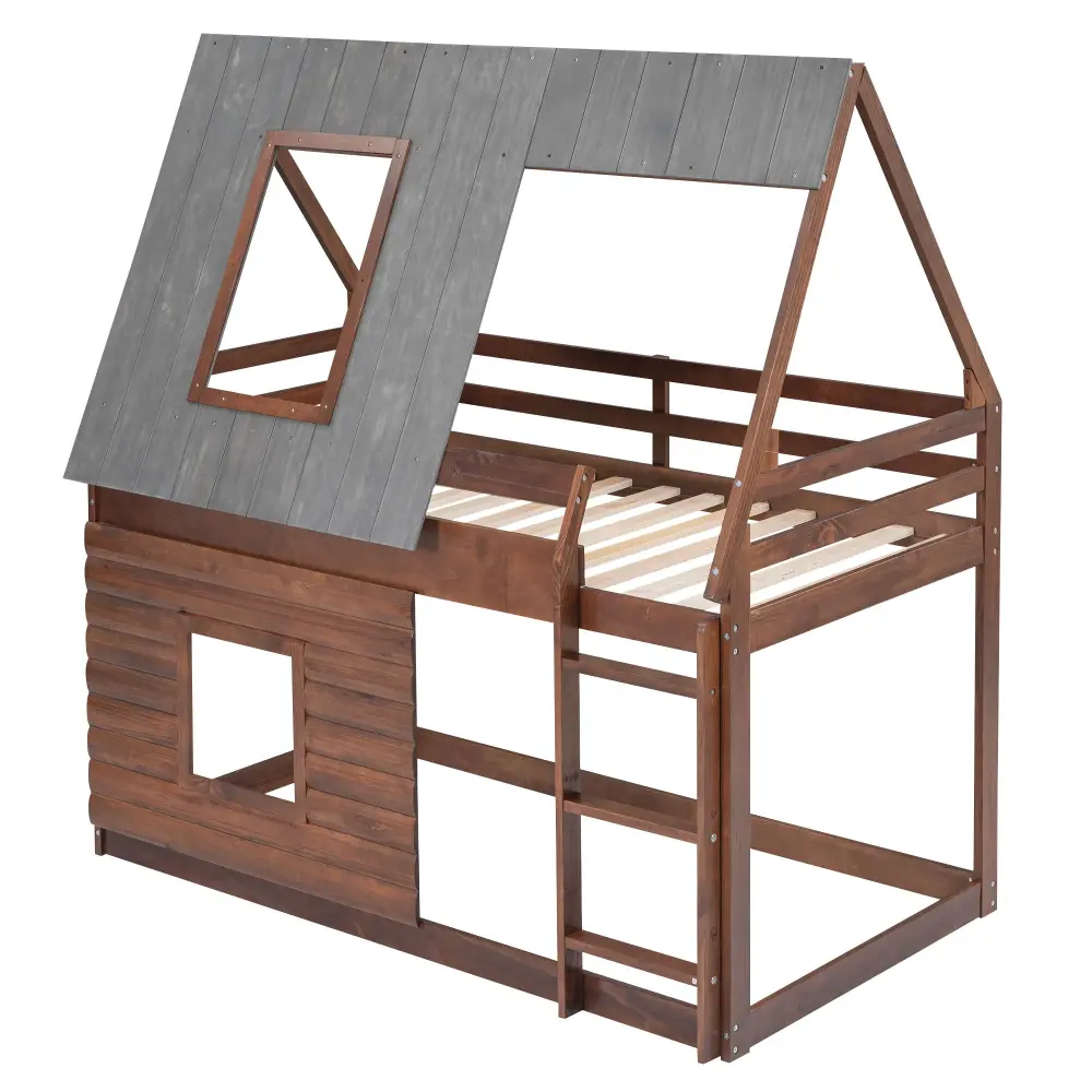 Wood Twin Size House Bunk Bed Roof, Ladder And 2 Windows - Oak & Smoky Graphite