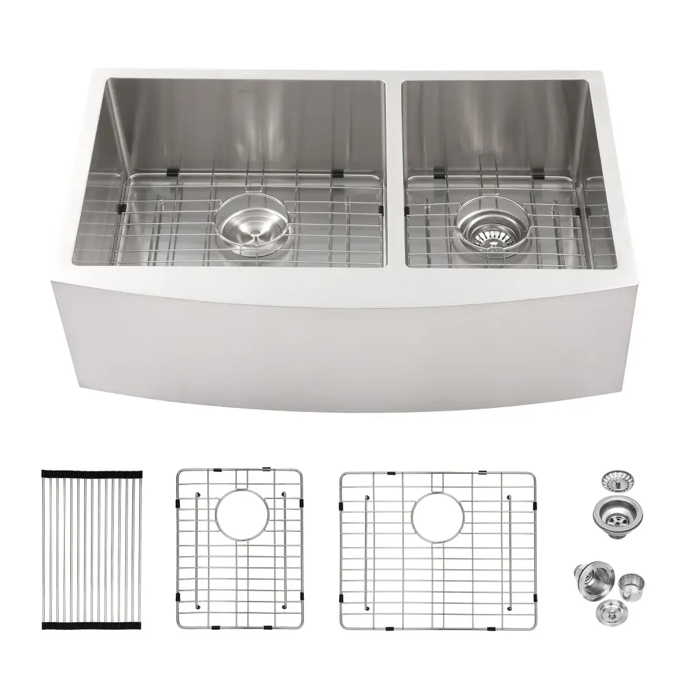 Double Bowl Sink 60 / 40 Split Apron Front Kitchen Sink 16 Gauge 2 10" Deep Basins 33" X21" X10" - Brushed Nickel