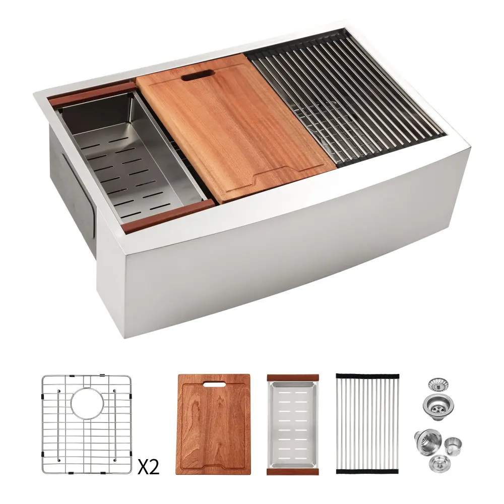 Farmhouse Double Bowl Workstation Kitchen Sink 33" Stainless Reinforced 16 Gauge Apron Front, Finish - White