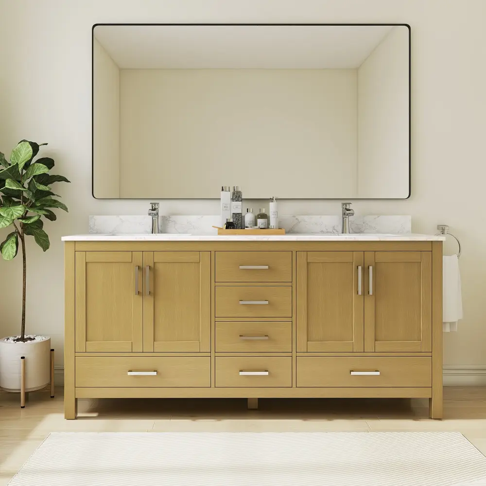 Riverford Desert Oak Rubberwood & Plywood Bathroom Vanity Double Ceramic Sink and Formulated Marble Top