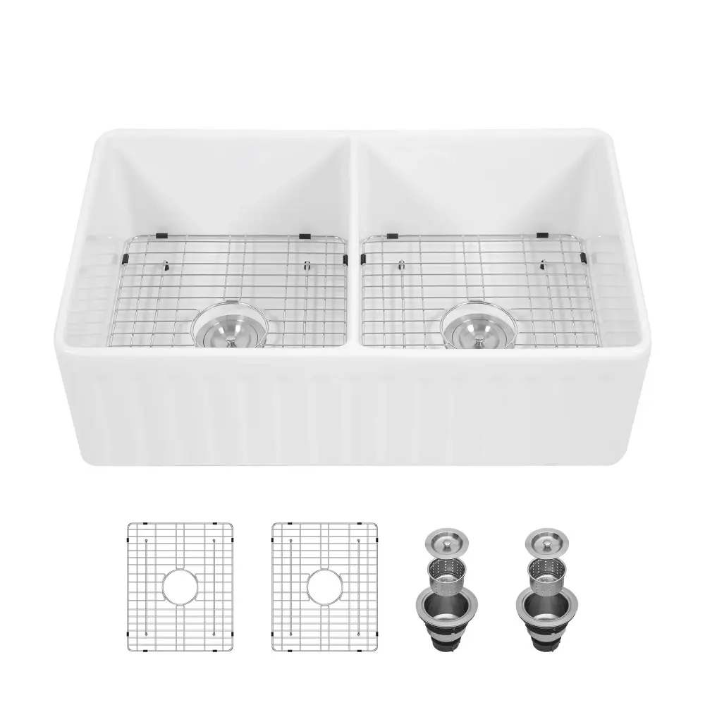 Sink 33" Double Bowl Kitchen Sink Deep Bowls And Grids - Pearl