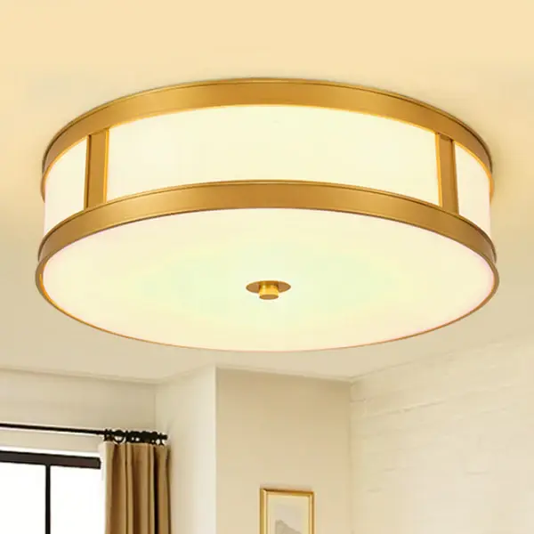 4 Lights Pearl Glass Flush Light Fixture Traditional Brass Drum Living Room Ceiling Lighting, 14"/18" W Easy Install