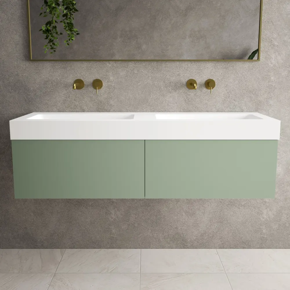 Raffinata Two Drawer Vanity Unit Beyondstone BLOC Double Basin - Matt Light Emerald 1400mm