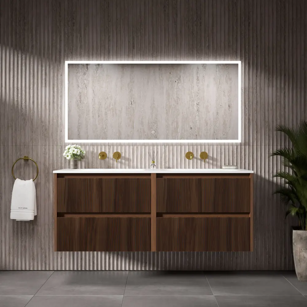 Scanalato Four Drawer Vanity Unit Beyondstone Twin Basin - Walnut 1400mm