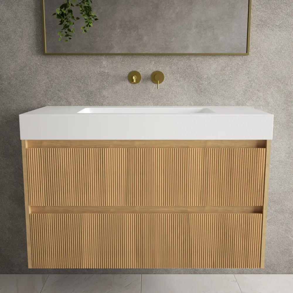 Scanalato Twin Drawer Vanity Unit Beyondstone BLOC Basin - Oak 1000mm