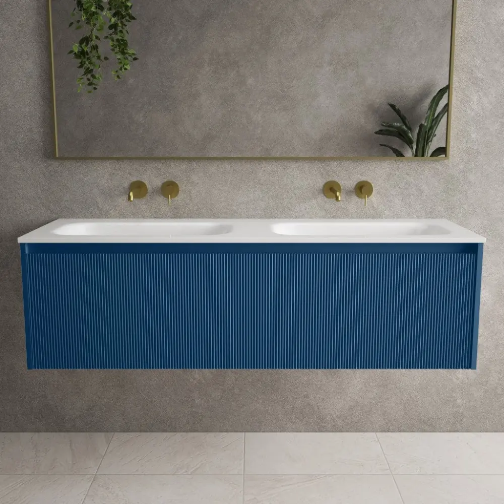 Scanalato Twin Drawer Vanity Unit Beyondstone Double Basin - Ocean Blue 1400mm