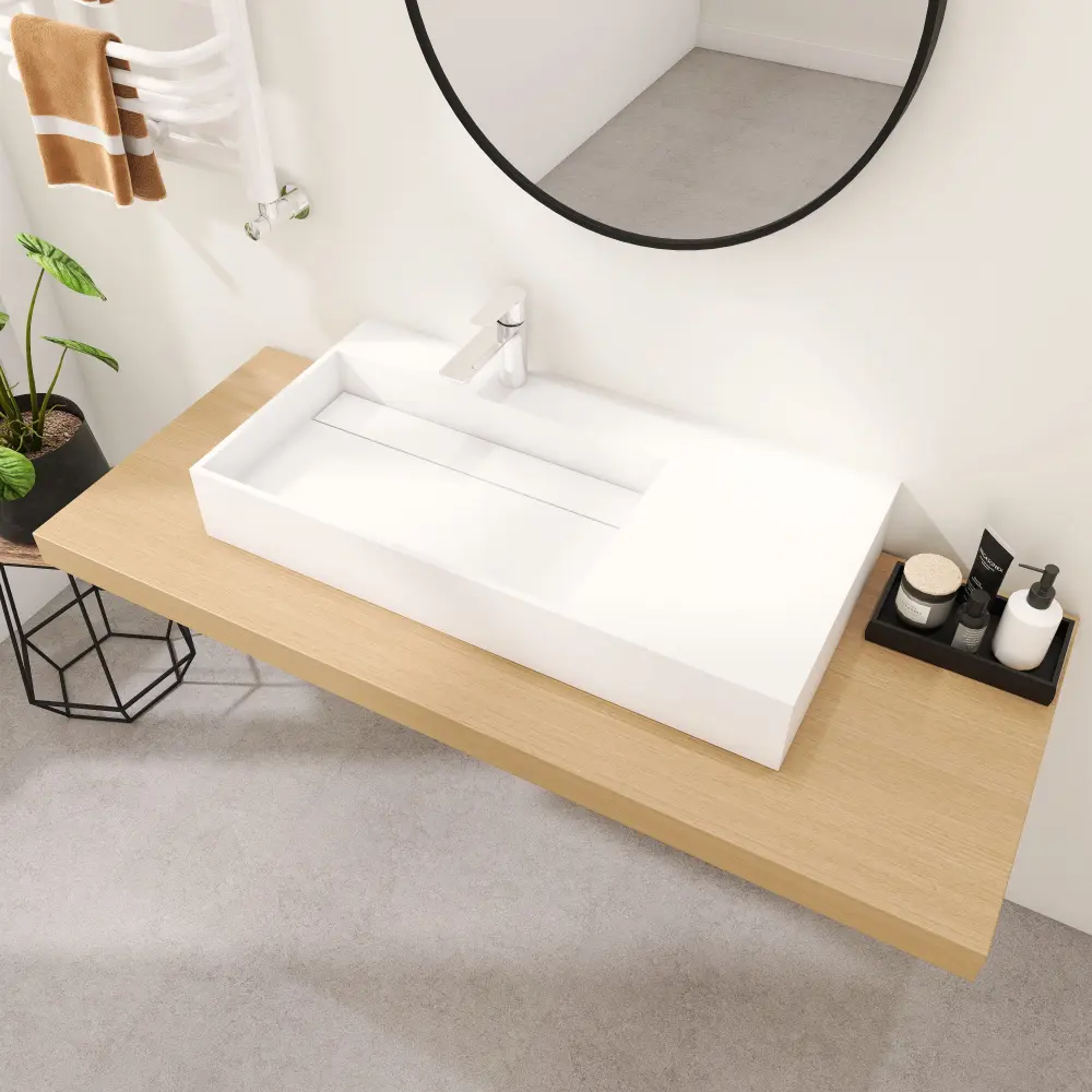 SJ-STARJANE 36''Solid Surface Wall Fix Bathroom Left Vessel Sink Faucet Hole and Drain Cover