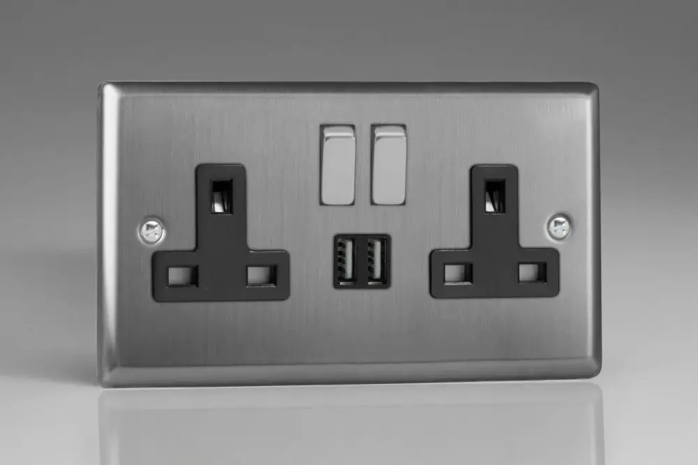 Varilight XT5U2SDB Classic Brushed Stainless 2-Gang Double 13A Switched Plug Socket 2.1A USB