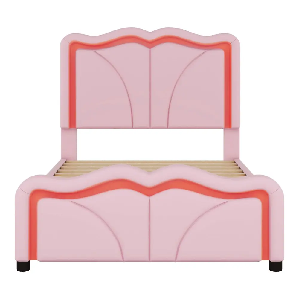 Upholstered Platform Bed & Curve Shaped And Height Variable Headboard, LED Light Strips