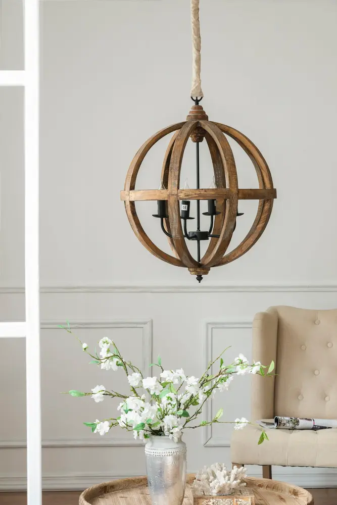 4 Light Wood Chandelier, Hanging Light Fixture Adjustable Chain Kitchen, Bulb Not Included - Brown