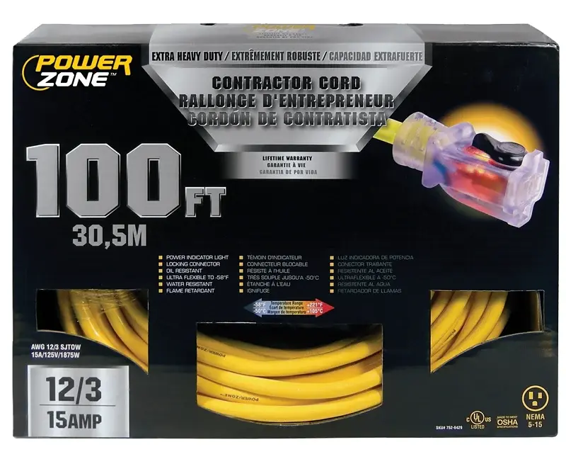 PowerZone ORP511835 Contractor Cord, 12 AWG Cable, 100 ft L, 15 , 125 V, Amber
