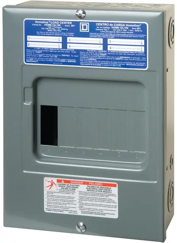 Square D Homeline HOM612L100SCP Load Center, 100 , 6-Space, 12-Circuit, Key Lug, NEMA 1 Enclosure, Plug, Gray
