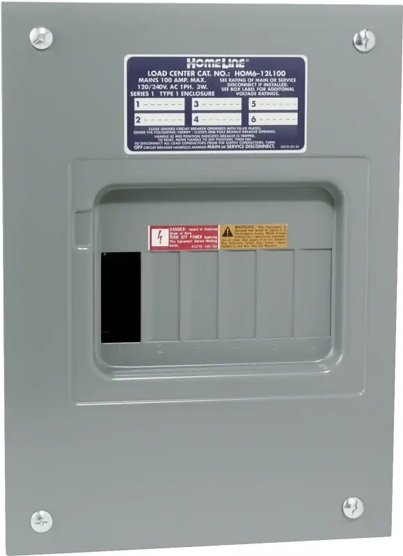 Square D Homeline HOM612L100FCP Load Center, 100 , 6-Space, 12-Circuit, Main Lug, NEMA 1 Enclosure, Graphite, Plug