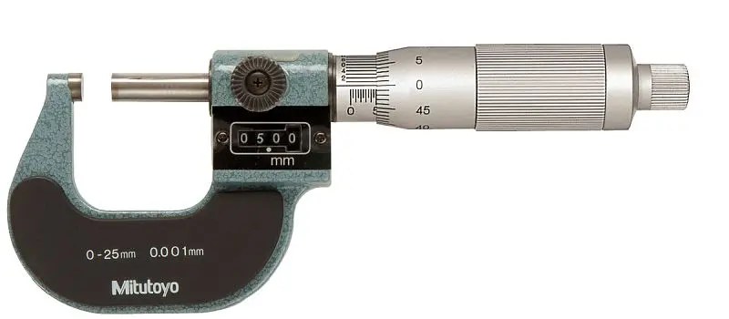 Mitutoyo Streamlined Center Micrometer, 0-25mm, .001mm, Carbide Tipped, Ratchet Stop, 193-111